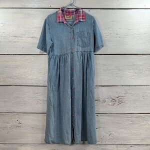 Studio Ease Denim Midi Dress Plaid Collar Button Front Pockets